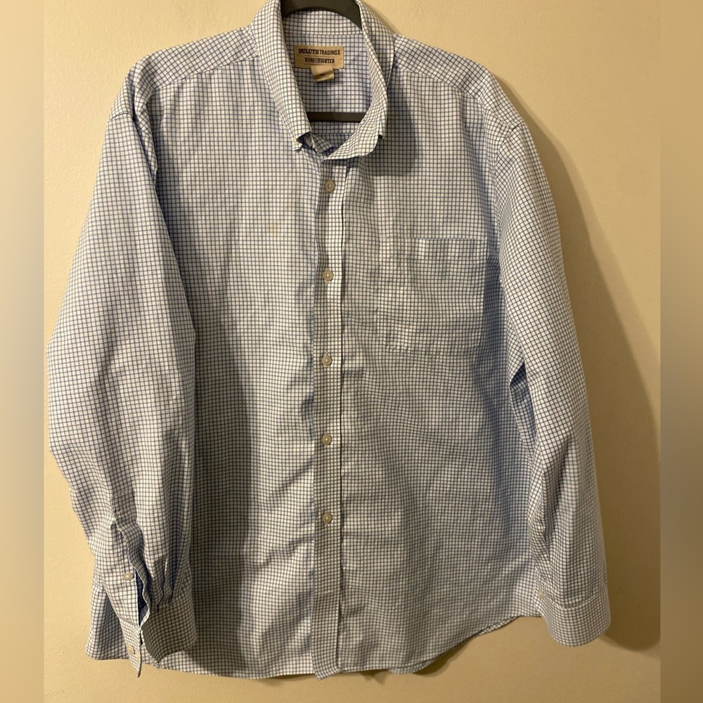 Mens Duluth Trading Co. Wrinkle Fighter‎ Blue White Plaid Button Down Size Large
